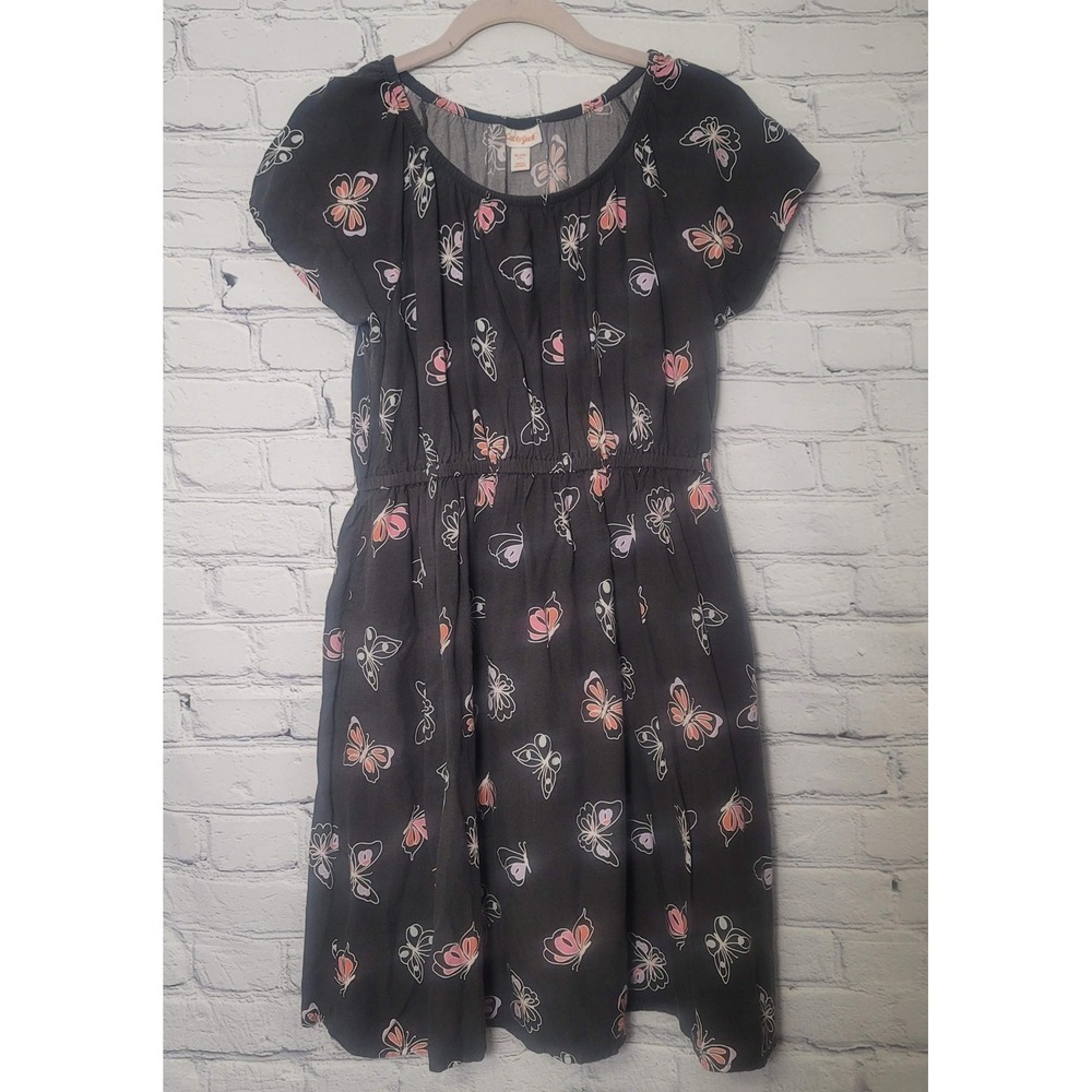 Cat & Jack‎ Girls XL 14 Butterfly Rayon Dress Gray Pink Short Sleeve Pockets